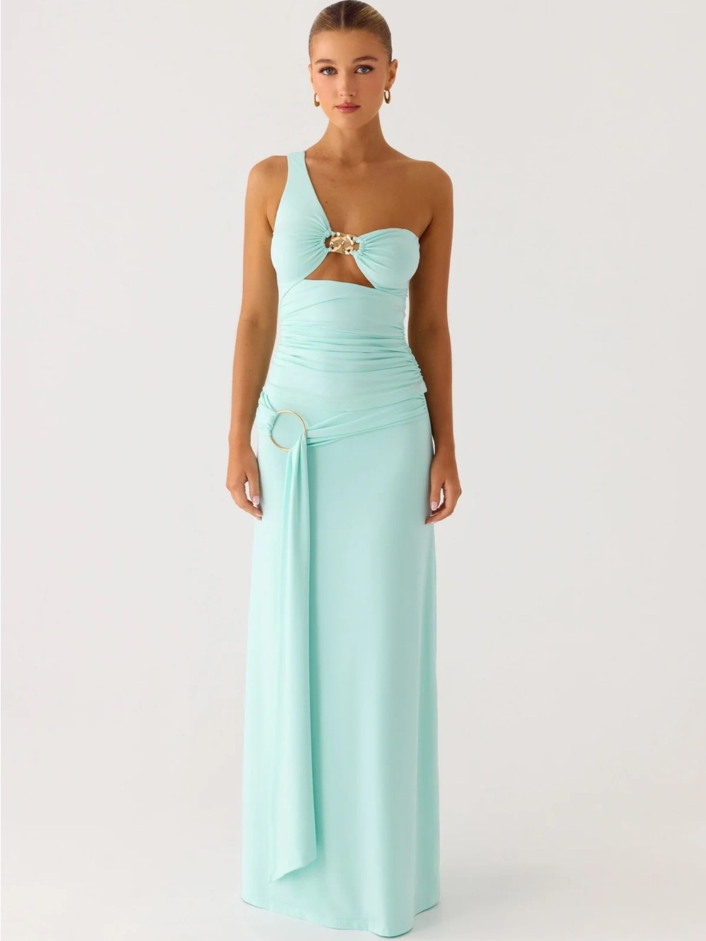 Peppermayo Mint Green One-Shoulder Skirt Set with Gold Ring Accents
